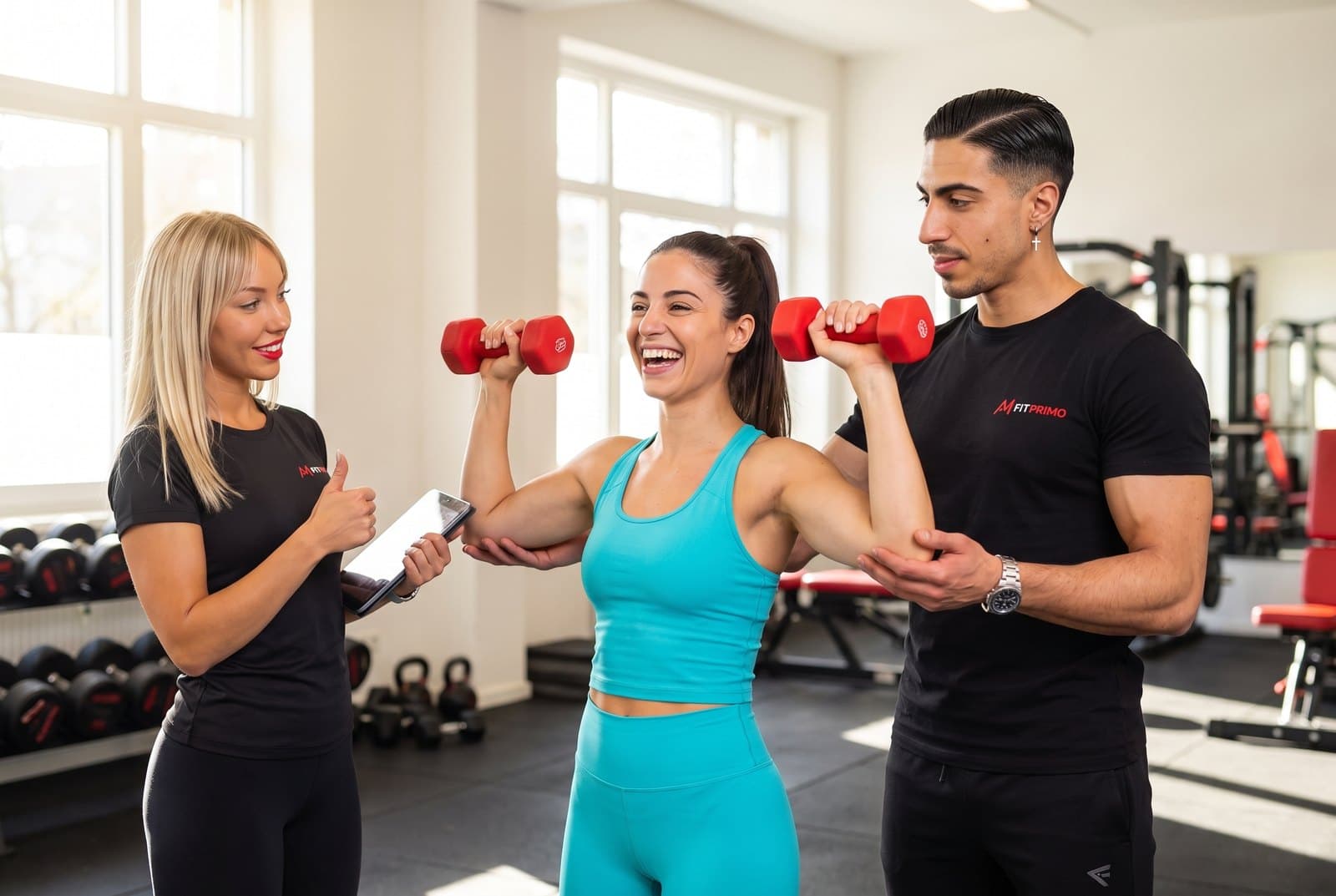 Angelo und Natalie von FitPrimo betreuen eine Frau beim Training mit Kurzhanteln